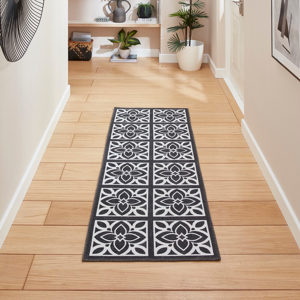 Victoria H1191 Modern Geometric Washable Runner Rugs in Dark Grey